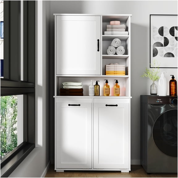 JERFIT Freestanding Laundry Cabinet with Tilt-Out Hamper Baskets, Storage Organizer with Adjustable Shelves, White