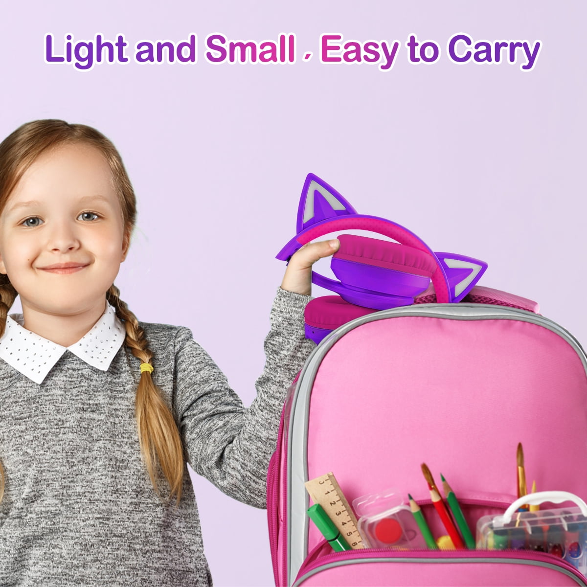 LOBKIN Kids Wireless Headphones, Cat Ear Headphones with LED Lights for Boys/Girls, Childrens Bluetooth Headphones Foldable with Microphone for Phone/Tablet/Laptop (Purple Pink)