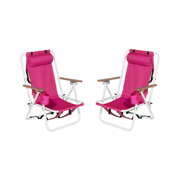 Portable Outdoor Camping Folding Chair Set of 2 with 4 Position Backrest, Back Bag and Cup Holder, Heavy Duty Foldable Beach Chairs with Headrest Pillow and Wood Handrail for Patio/Park, Pink