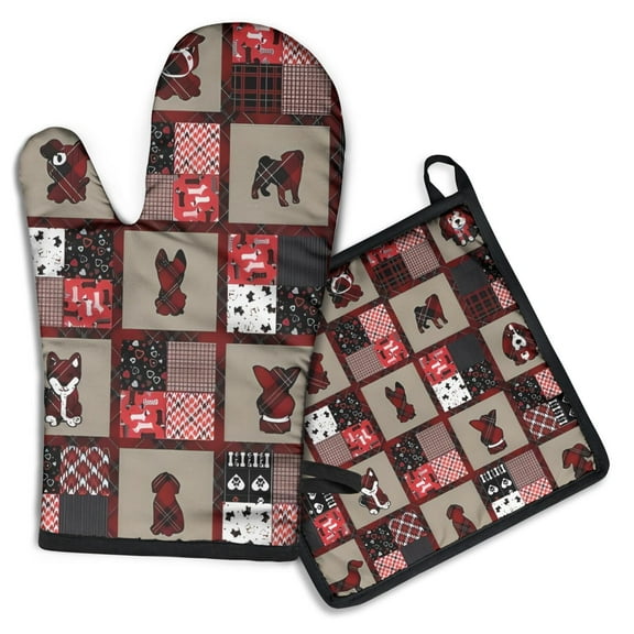 Red Plaid Dog Jigsaw Puzzle Kitchen Oven Mitt and Pot Holder Sets 2 Pcs for Baking, Cooking and Grilling, Heat Resistant Up To 392 °F