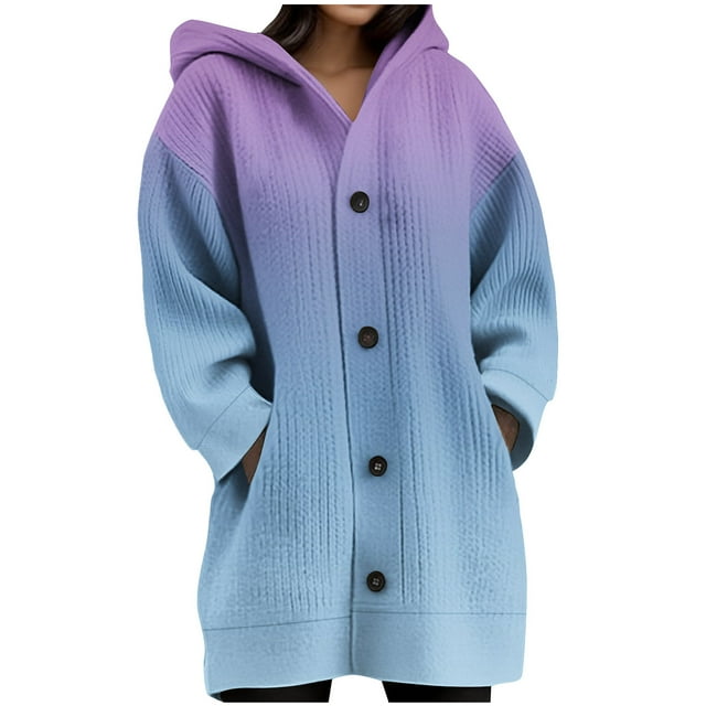 JGGSPWM Womens Printed Long Sleeve Chunky Cable Knit Fall Cardigans Sweaters Button Down Open Front Hooded Outerwear with Pockets Purple M