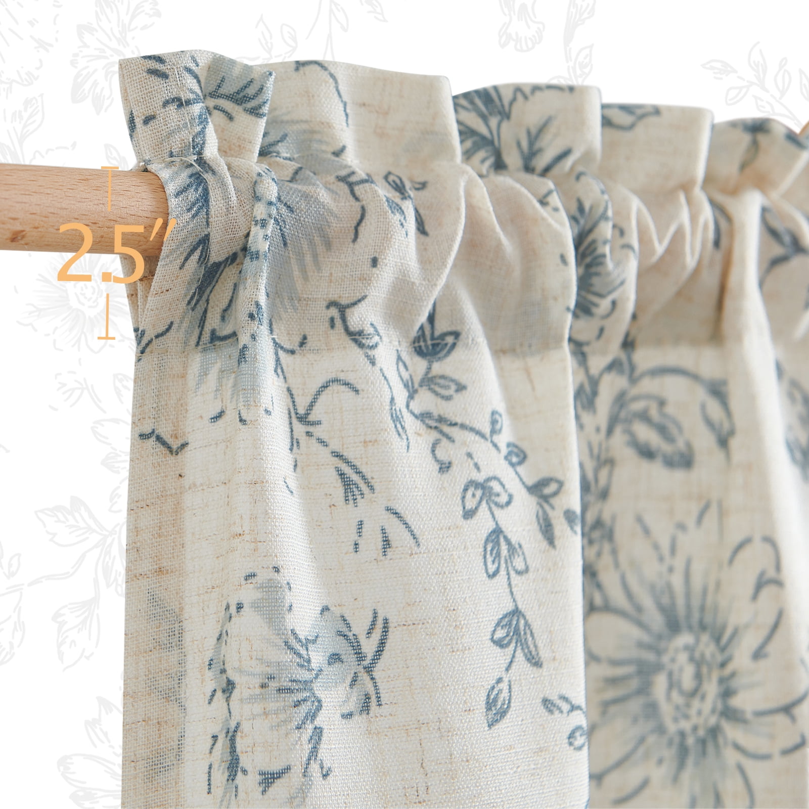 Curtainking Floral Kitchen Curtains Linen Cafe Curtains Rod Pocket Blue Curtains 26x45 inch Curtains for Living Room 2 Panels