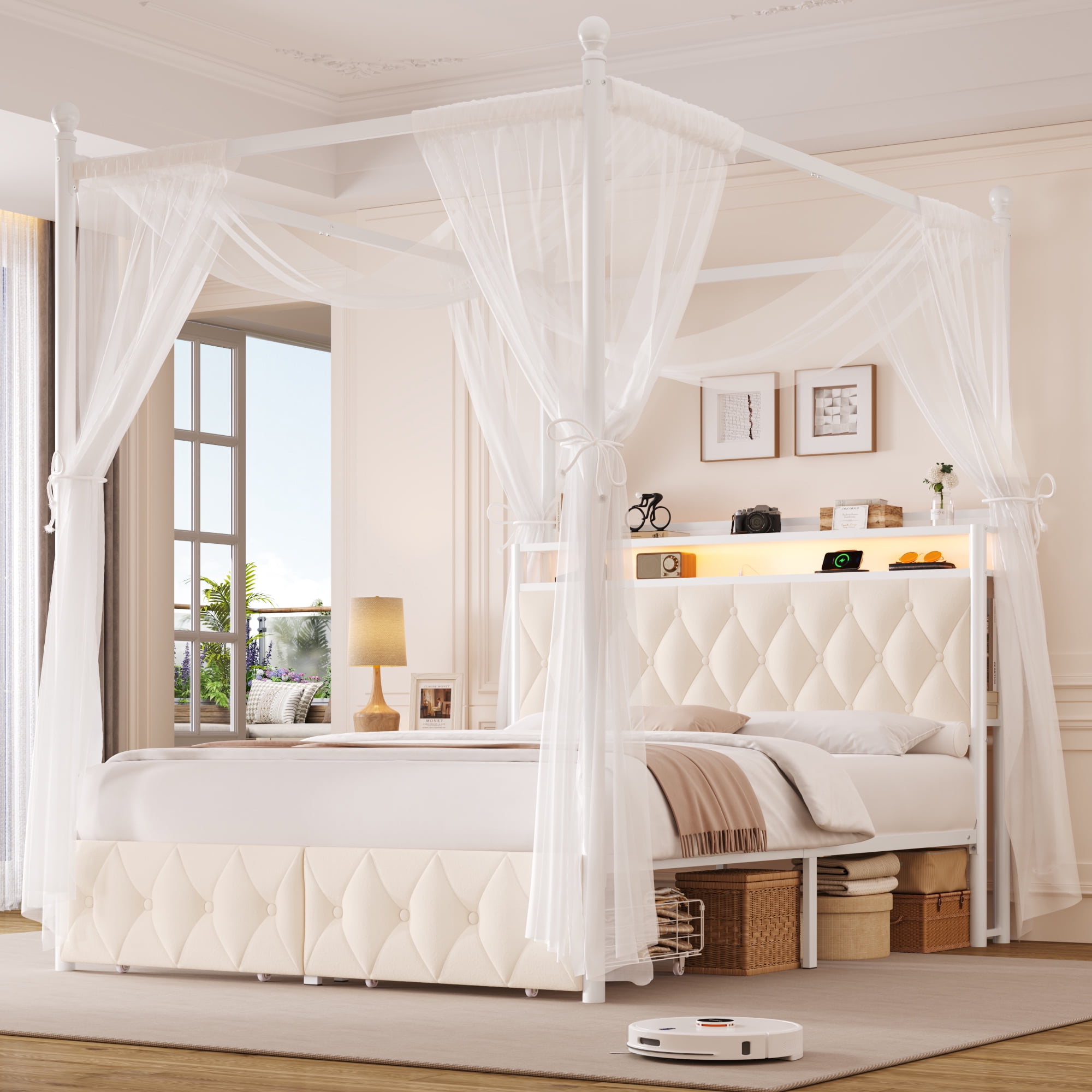 Hiphuta Full Size Upholstered Canopy Bed with Charging Station & Storage Drawer,Button Tufted Headboard with LED Light, Full Bed Frames, Beige