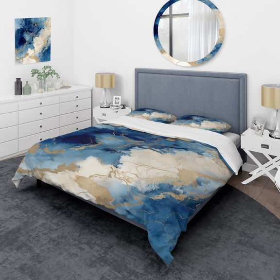 Designart "Mystical Blue and Gold Marble Clouds X" Fractals Bedding Covert Set - Abstract Blue Modern Bed Set With 2 Shams