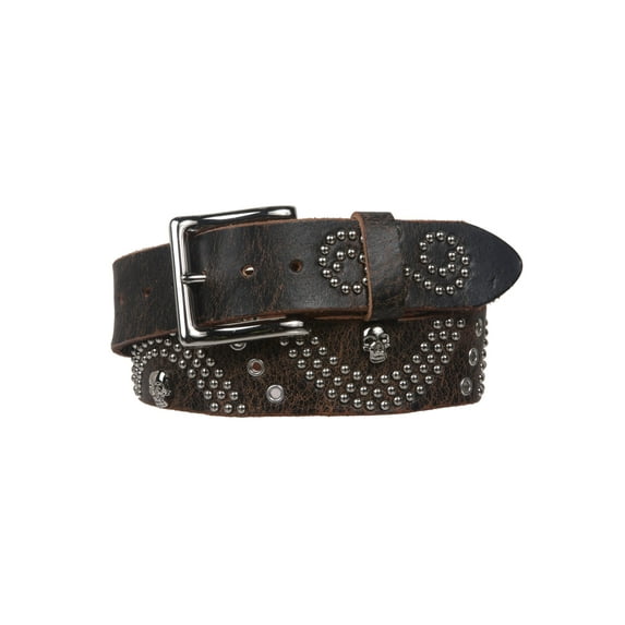 1 1/2" Snap On Skull Metal Studded Distressed Leather Belt