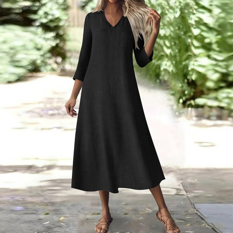 Vekdone Linen Maxi Dress for Women Summer 3/4 Sleeve V-Neck Boho Long Dress Elegant Solid Color Loose Fit A-Line Dress Black XL, Women's