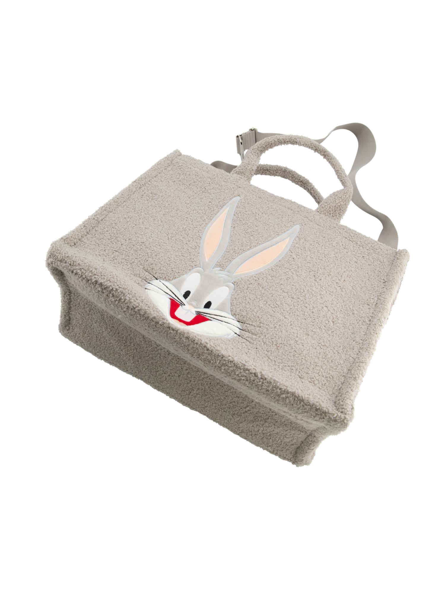 Looney Tunes Tote Bag, Bugs Bunny Faux Fur Travel Handbag with Adjustable Shoulder Strap and Trolley Sleeve, Gray