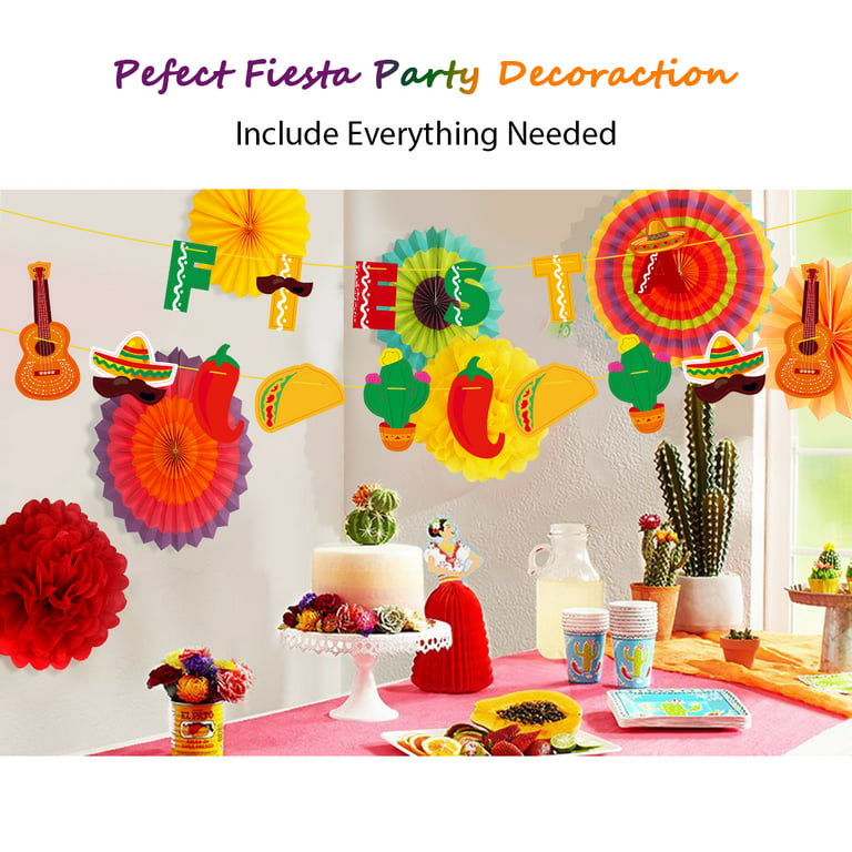 Cinco de Mayo Decor, 43pcs Fiesta Party Supplies Decorations, Mexican Party Decoration Pack Colorful Tissue Pom Poms, Hanging Paper Fans and Banner
