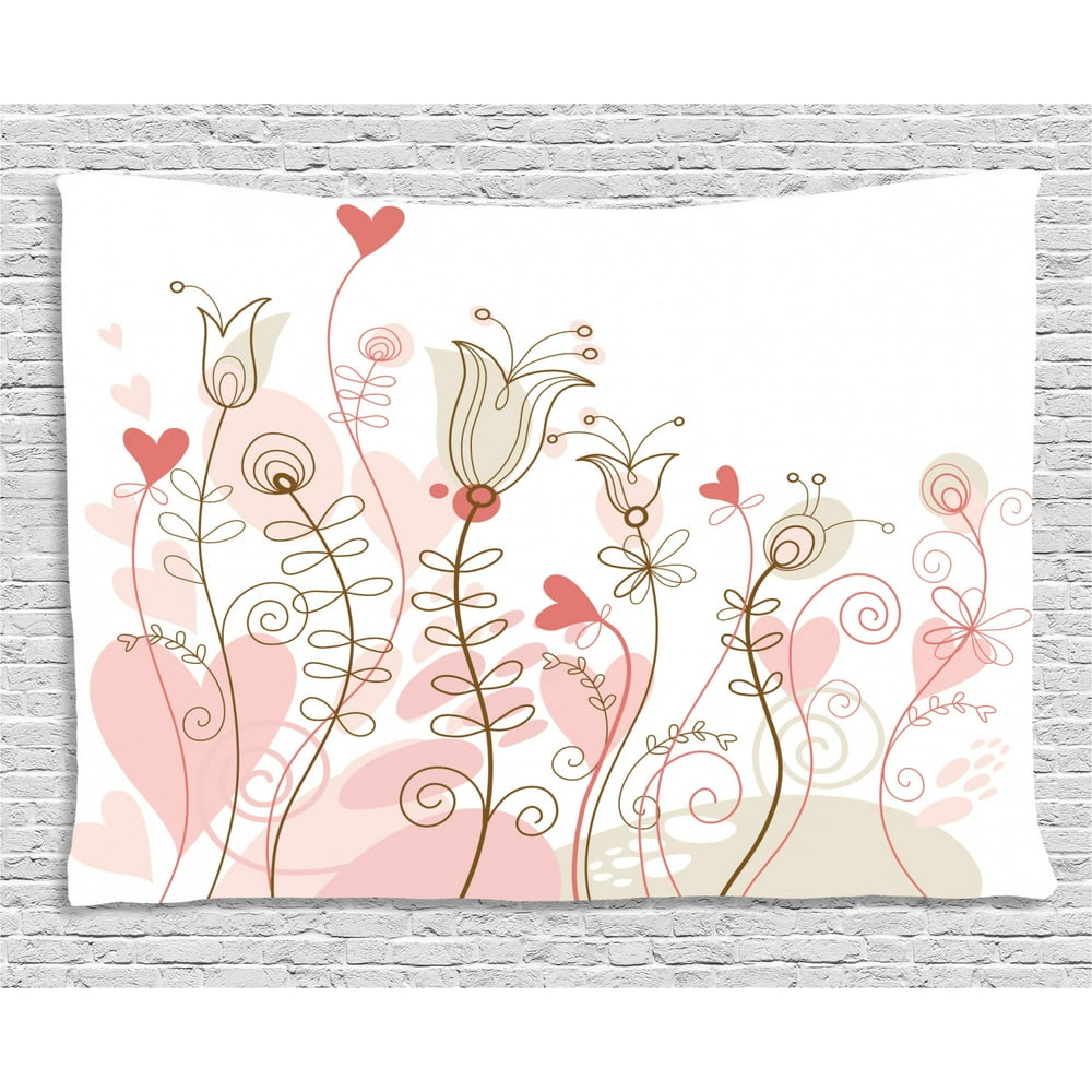 Doodle Tapestry, Wedding Themed Floral Illustration with Cute Little Hearts Blooming Abstract ...