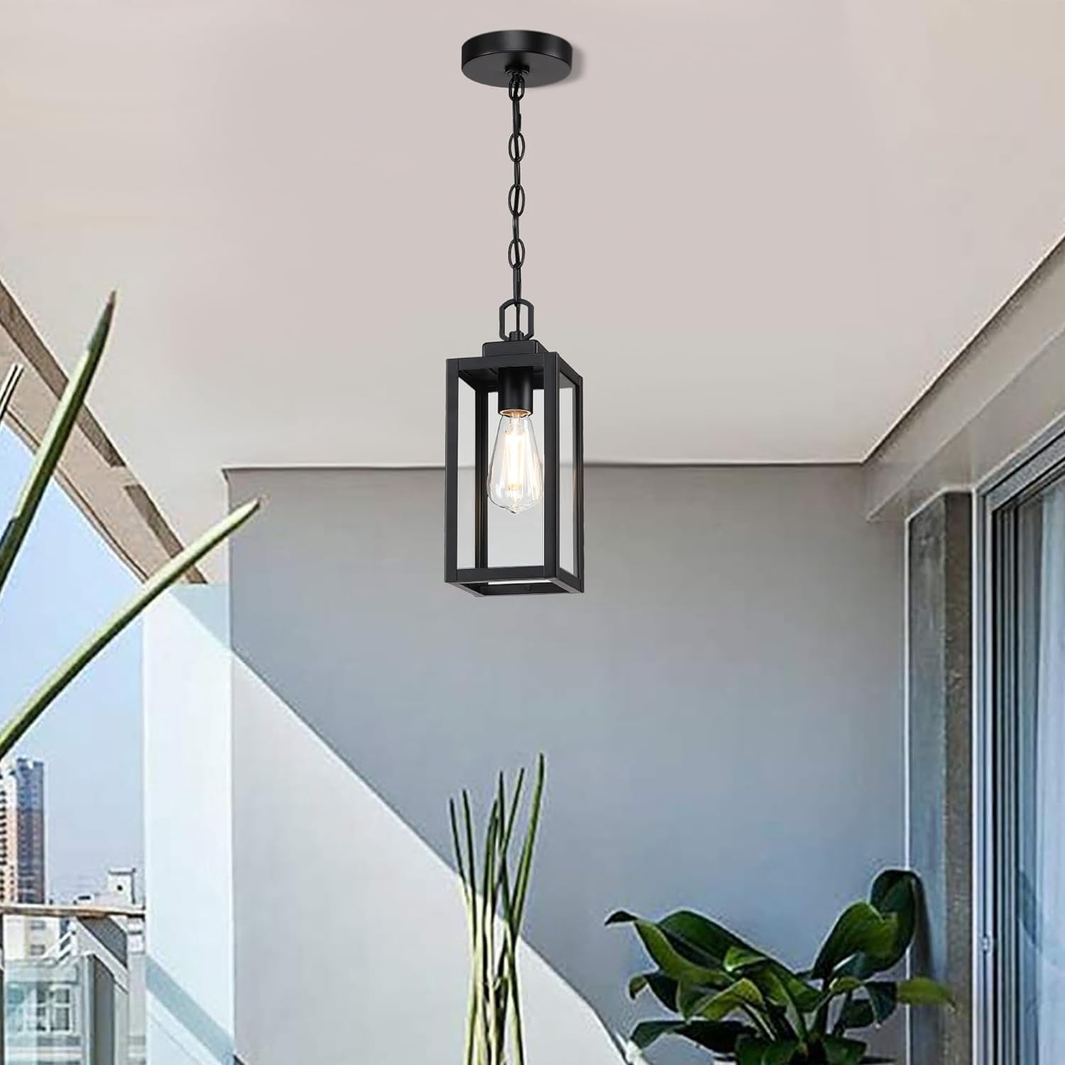 Revtronic Pendant Light Fixture, Black Modern Exterior Ceiling Lighting for Kitchen Porch Front Door