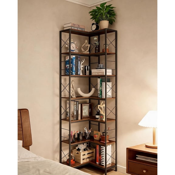 7 Tier Corner Bookshelf with Metal Frame, Industrial Corner Storage Shelf, Freestanding Display Bookcase for Living Room Kitchen Home Office, Brown