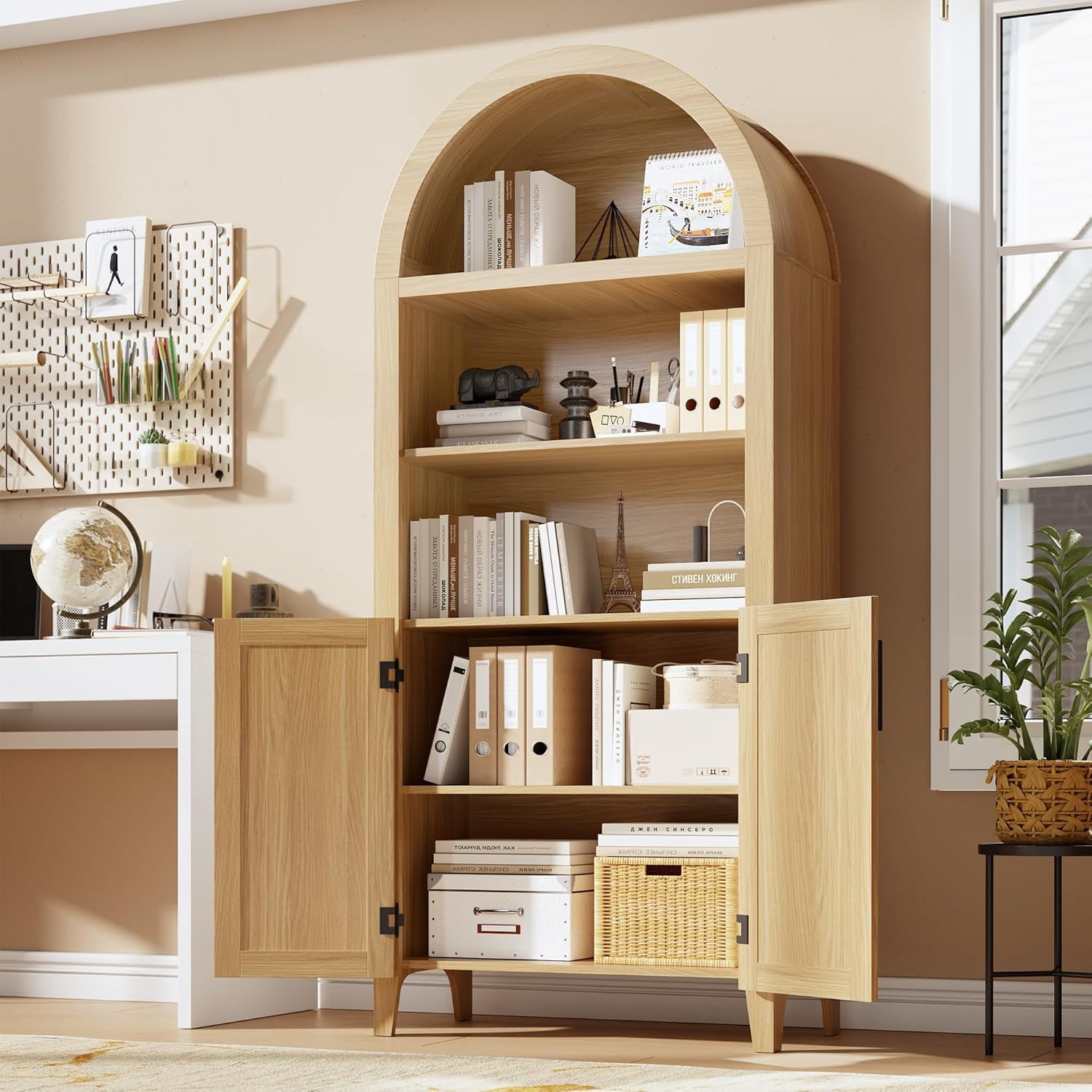 BouPower Arched Pantry Cabinet with Open Display Shelf,Kitchen Cabinet with Doors,Versatile Cupboard for Kitchen Dining Room