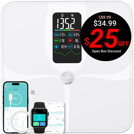 Open Box Rechargeable Body Scale for Weight Fat Heart Rate Heart Index Universal White