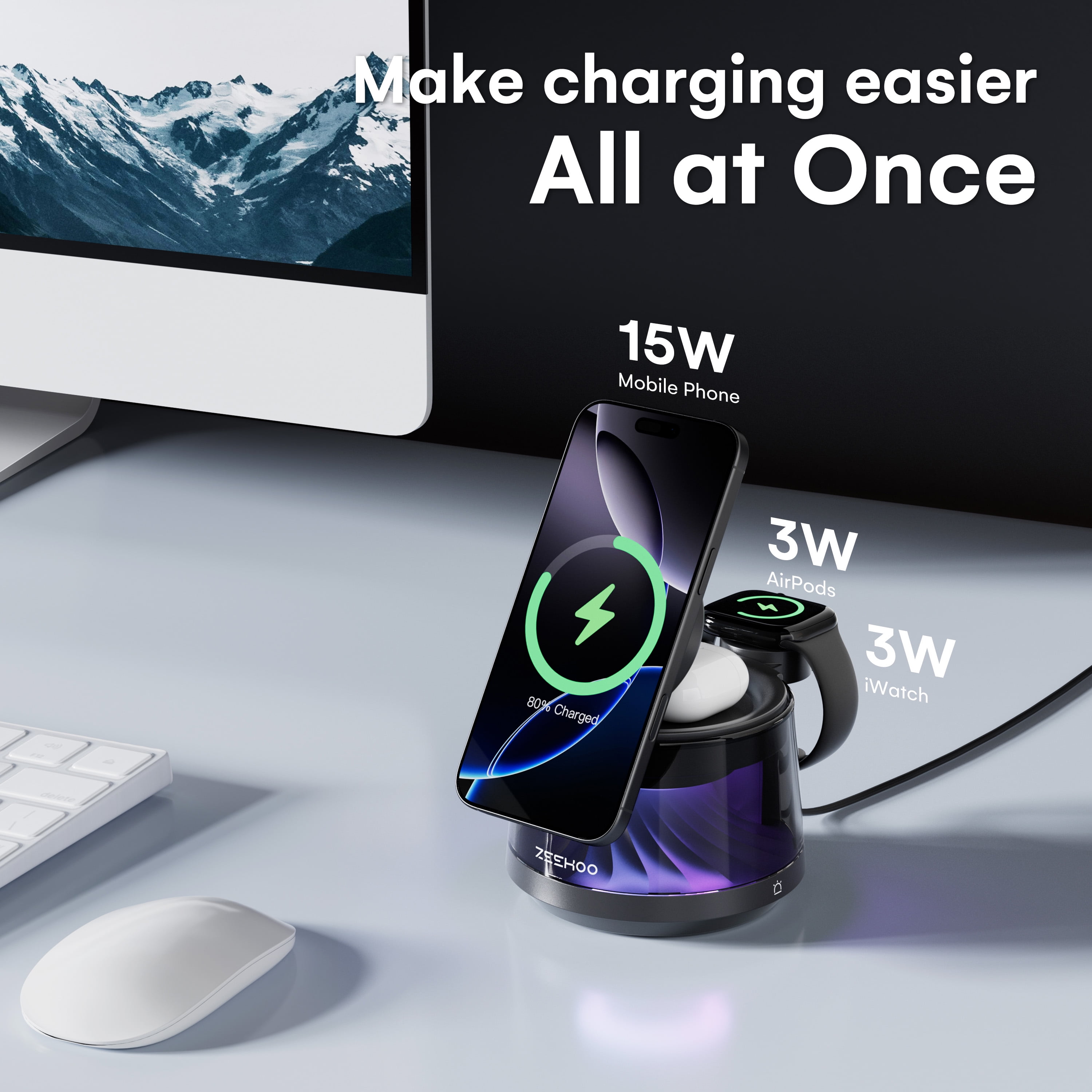 ZEEHOO 4-in-1 Wireless Charging Station with Night Light – 15W Fast Charger Stand for iPhone, AirPods & Apple Watch, Multi-Mode LED Lamp with Warm Light, RGB Flow & Breathing Colors