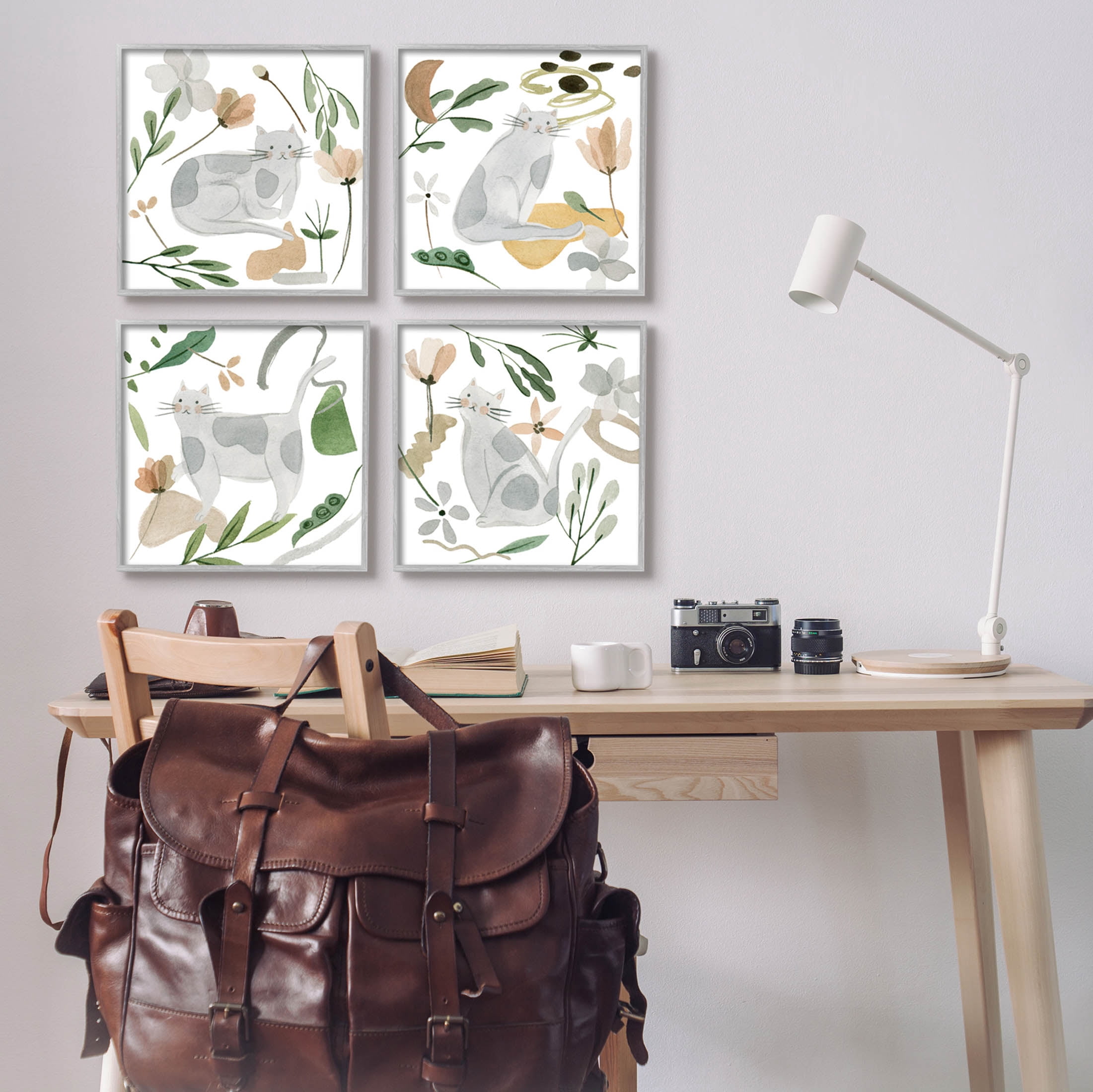 Stupell Industries Happy Cat Botanical Collage Graphic Art Gray Framed Art Print Wall Art, Set of 4, Design by Melissa Wang