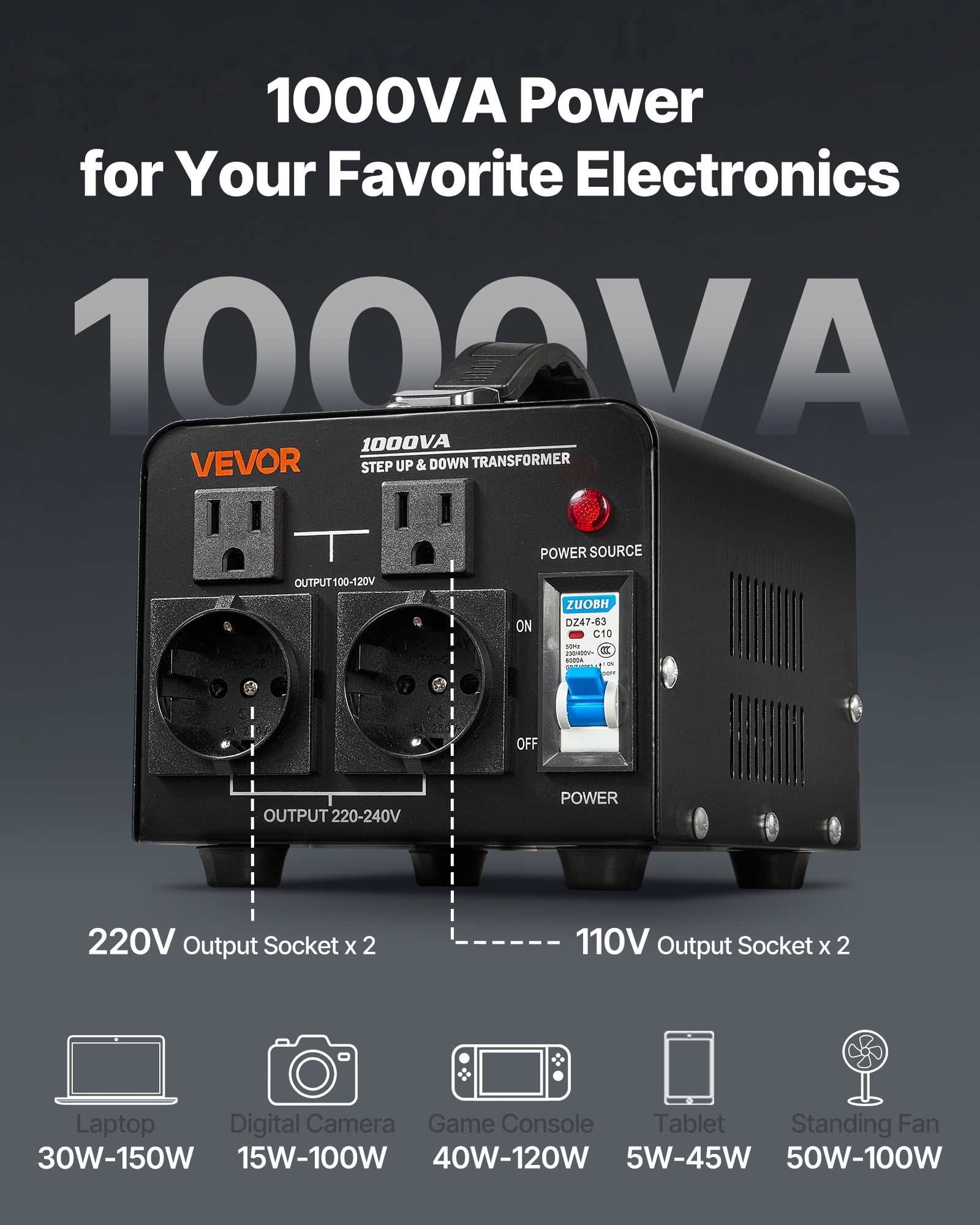 VEVOR Voltage Converter Transformer, 1000W, Heavy Duty Step Up/Down Power Transformer, Convert from 110V to 220V and 220V to 110V, with US Outlets, EU Outlets,Power Cord,Circuit Breaker Protection