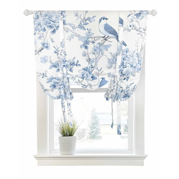 Blue White Flowers Tie Up Curtains for Window, Thermal Insulated Balloon Shade Adjustable Rod Pocket Curtains Valance Panels for Kitchen Bathroom Cafe 52 x 45 Spring Summer Floral Botanical