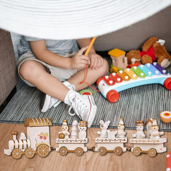 Little Wood Merry Christmas Train Decoration Farm Train Sets Truck Toy Festival Table Ornament New Year Gift for Kid Girls Adults White