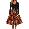 thumbnail image 4 of Halloween Dresses for Women Skeleton Candy Long Sleeve Cocktail Hepburn Retro Tea Length Dress V Neck 1950s Fall Classic Dresses with Belt L, 4 of 5
