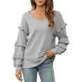 thumbnail image 2 of Yuyuzo Chandails à Manches Longues pour Femmes Décontractés à Col en V Tuniques Amples à Volants Couleur Unie Chic T-Shirt Basique Surdimensionné, 2 of 6