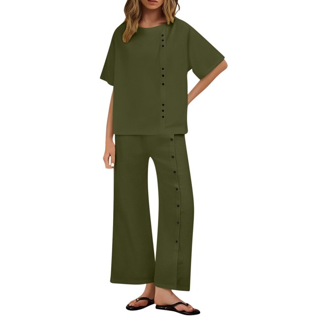 2 Piece Linen Set for Women, Solid Color Short Sleeve Tops and Wide Leg Pants Button Suits Beach Vacation Outfits with Pockets Two Piece Sets Green M