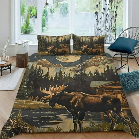 Pratyus Moose Woods Cabin 3-Piece Bedding Set Single-Sided Print High Quality Sleep Peach Skin Fabric Bedroom Guest Room 87x68in