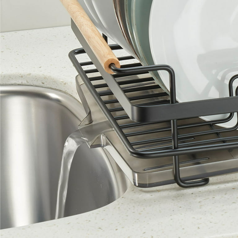 mDesign Steel Compact Modern Dish Drying Rack w/ Cutlery Tray - Black/Smoke  Gray 