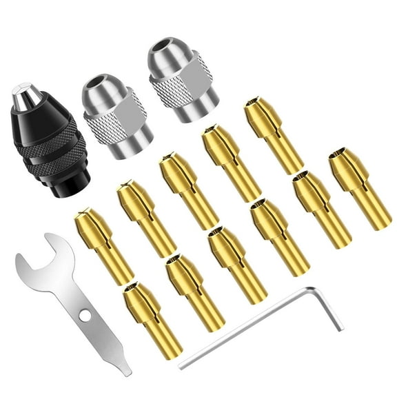 TAPDRA 16PC Drill Chuck Collet Set for Dremel Rotary Tools 0.5-3.2mm Metal Brass 1/32-1/8” Shank Adapters