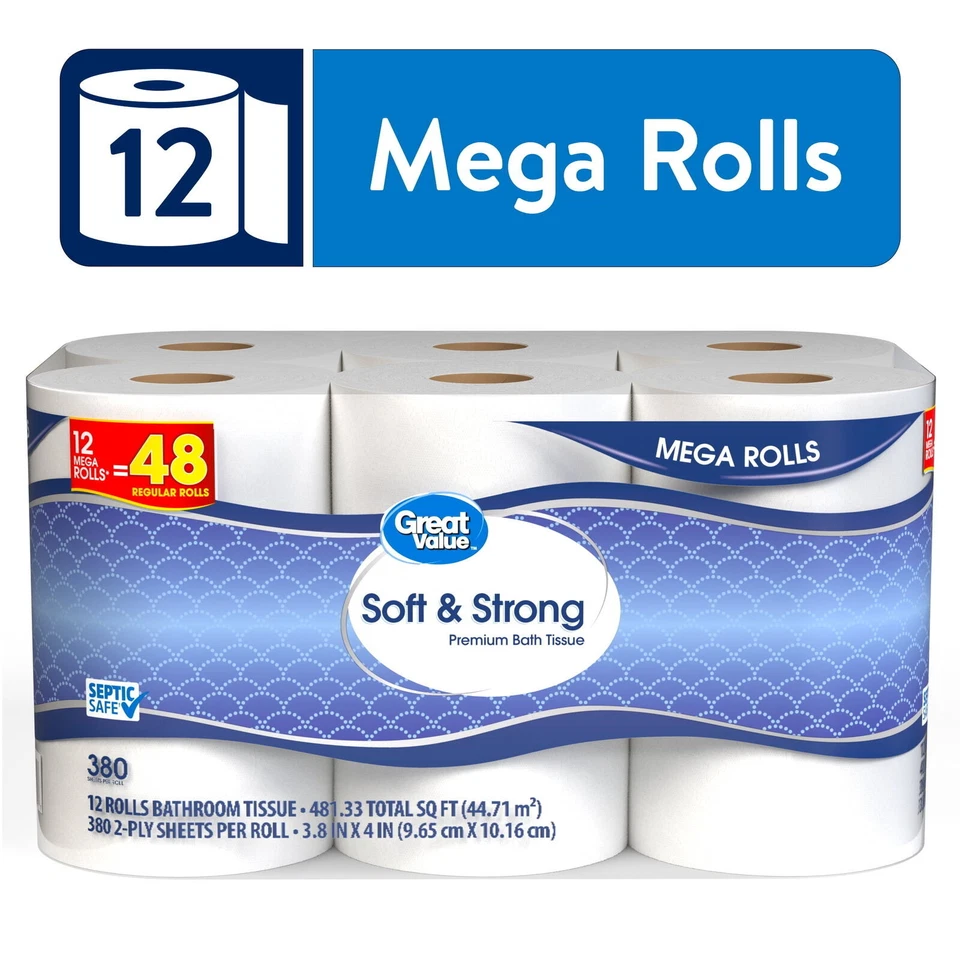 Soft & Strong Premium Toilet Paper 12 Mega Rolls 380 2-Ply Sheet Per Roll Us
