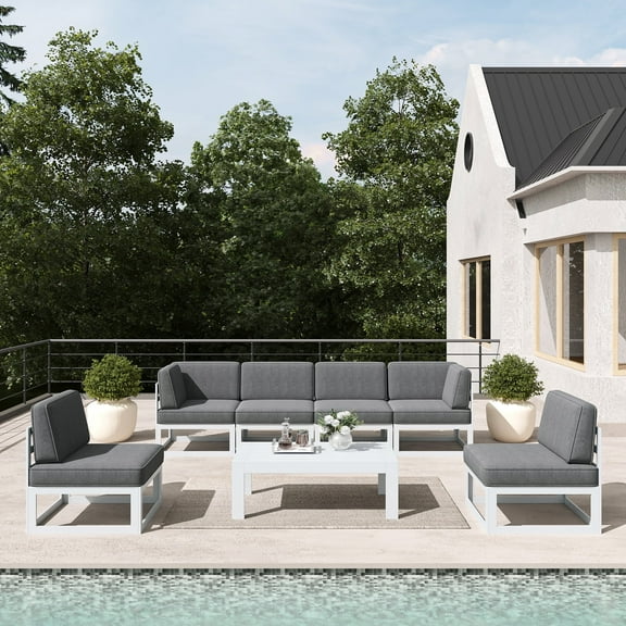 LayinSun 7 Pieces Modern Aluminum Patio Furniture Set with Coffee Table, Outdoor Modular Sectional Conversation Set L-Shaped Sofa for Backyard