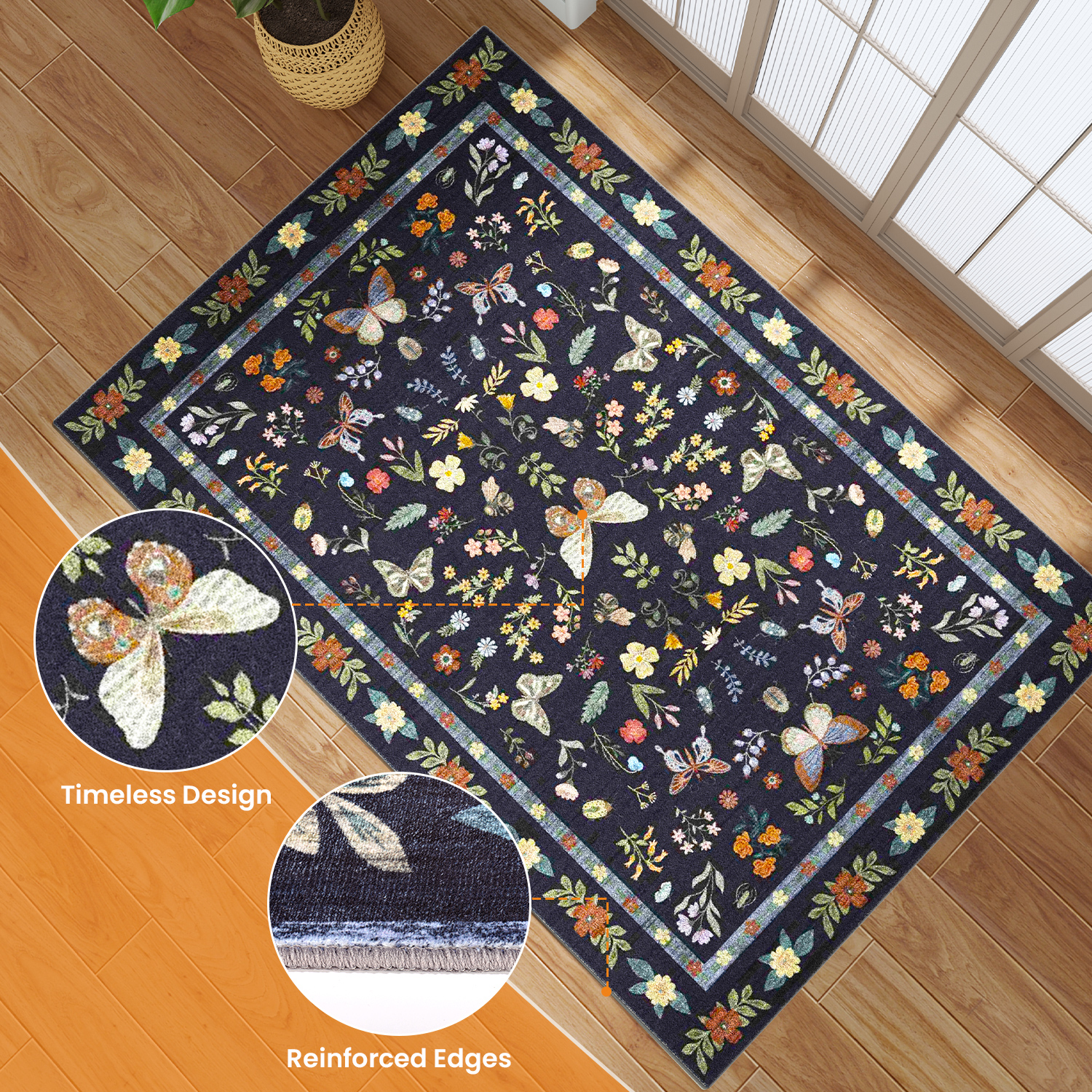 Area Rugs for Living Room, Homasen 5'x7' Washable Indoor Rug Boho Butterfly Black, Soft Low Pile Stain Resistant Carpet for Bedroom, Nursery, Office