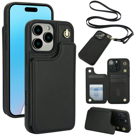 Decase Premium Wallet Phone Case for iPhone 14 Pro,Shockproof Luxury Leather Kickstand Card Slots Case for Women Men,Double Magnetic Clasp Flip Leather Wallet Cover with Shoulder Strap,Black