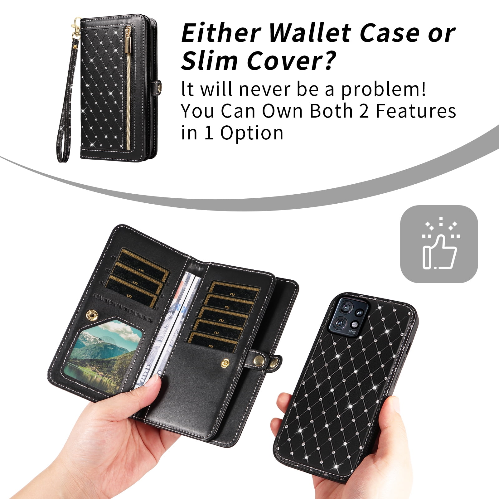 Phone Case for Motorola Edge+ Plus 2023/Edge 40 Pro 5G/Moto X40 Zipper Wallet Detachable Cell Cover with Tempered Glass Screen Protector Crossbody Lanyard Strap Glitter Flip Card Holder Slot Black