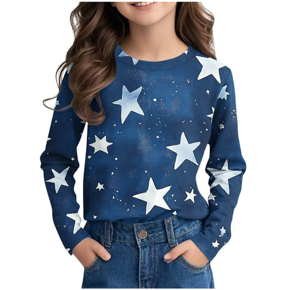 CHEEREAM Girls Gradient Star Graphic Shirts Kids Cute Crewneck Pullover Tops 2025 Novelty Preppy Blouse Casual Long Sleeve Top