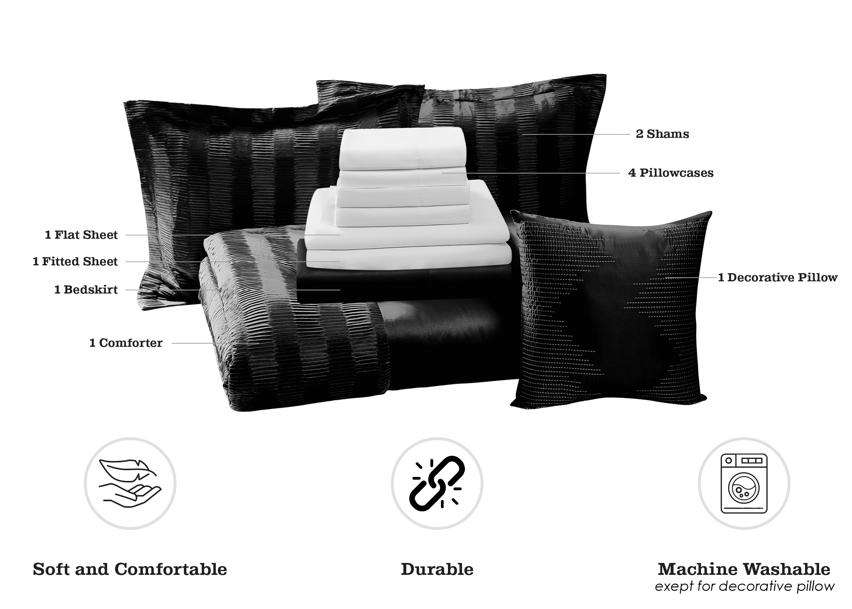 Mainstays 11-Piece Bed in a Bag Comforter Set with Sheets, Black Satin, Full, Unisex