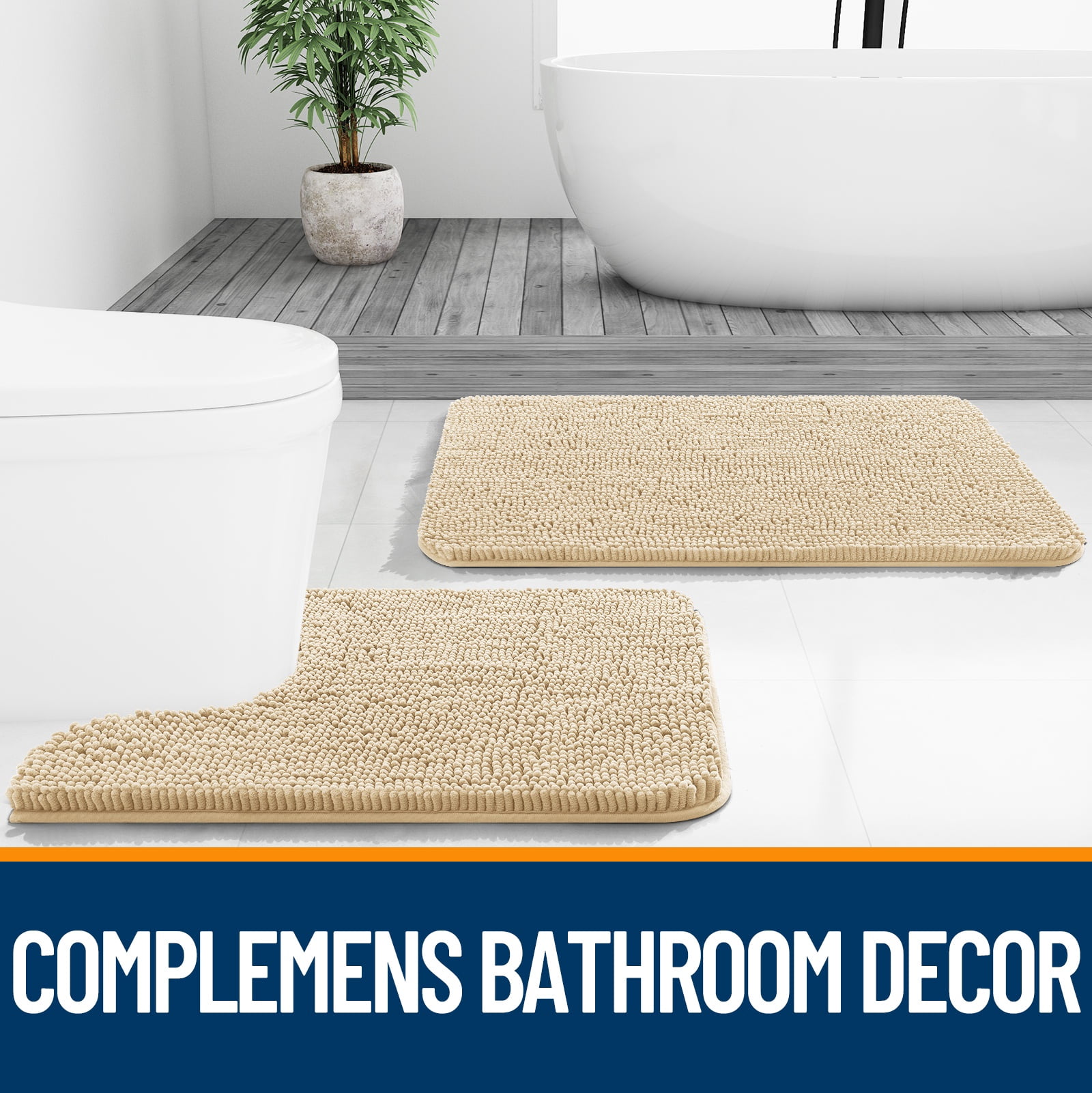Buganda Bathroom Rugs 59x20, Quick Dry Machine Washable Chenille Bath Mats with Rubber Backing, Beige