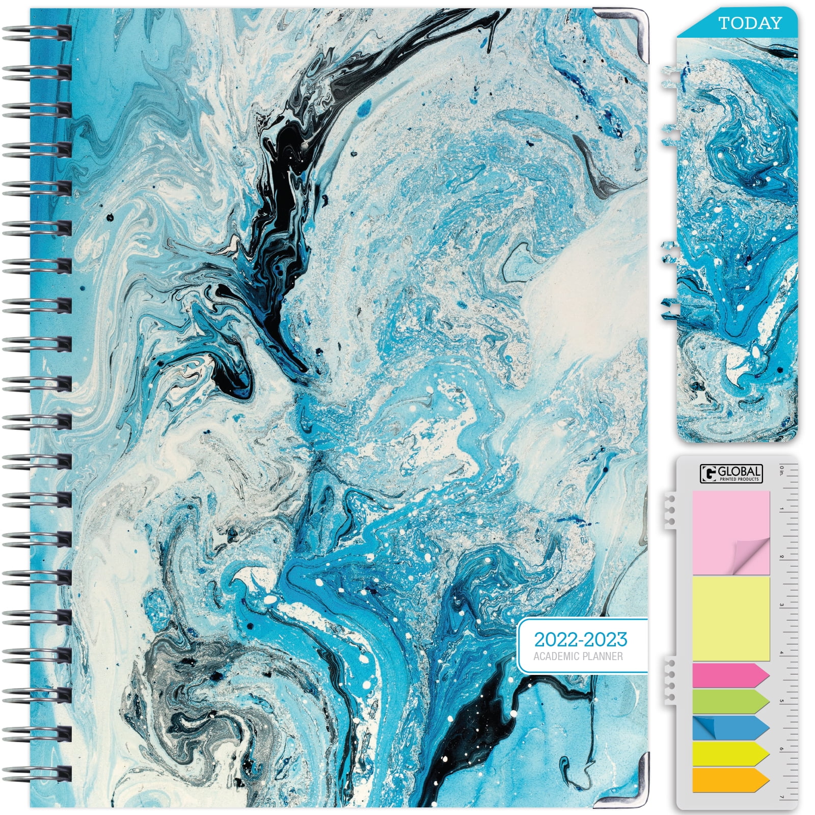 Bookmark June 2021 Through July 2022 Green Waves Pocket Folder and Sticky Note Set HARDCOVER Academic Year 2021-2022 Planner: 8.5x11 Daily Weekly Monthly Planner Yearly Agenda 