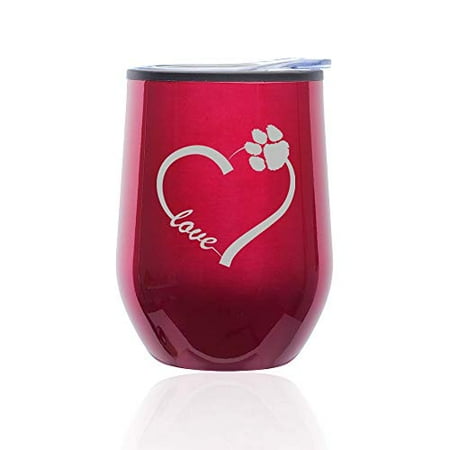 

Stemless Wine Tumbler Coffee Travel Mug Glass with Lid Love Heart Paw Animals (Fuchsia)