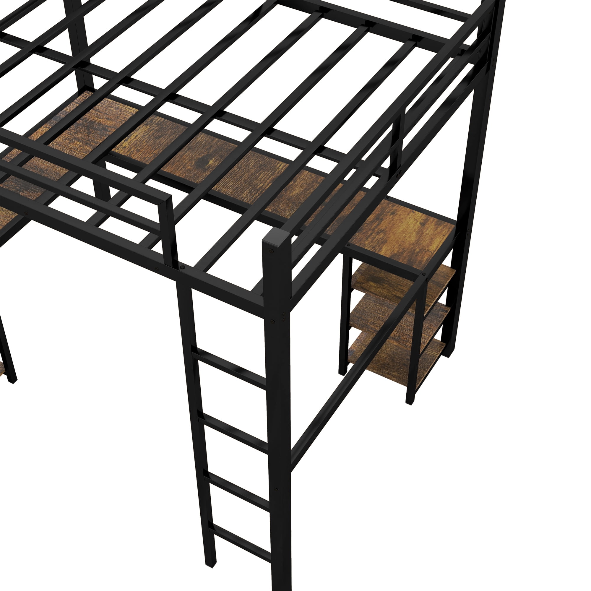Mintazer Full XL Loft Bed with L-Shaped Desk & Storage Shelves, Metal Loft Bed Frame with Ladder and Guardrails for Bedroom, Black