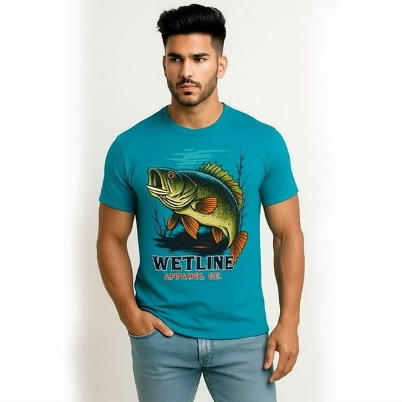Wetline Apparel Co Bass in the Lake Men's Graphic T-Shirt, Fishing Wear Heavy Cotton Short Sleeves Tee, S-5XL