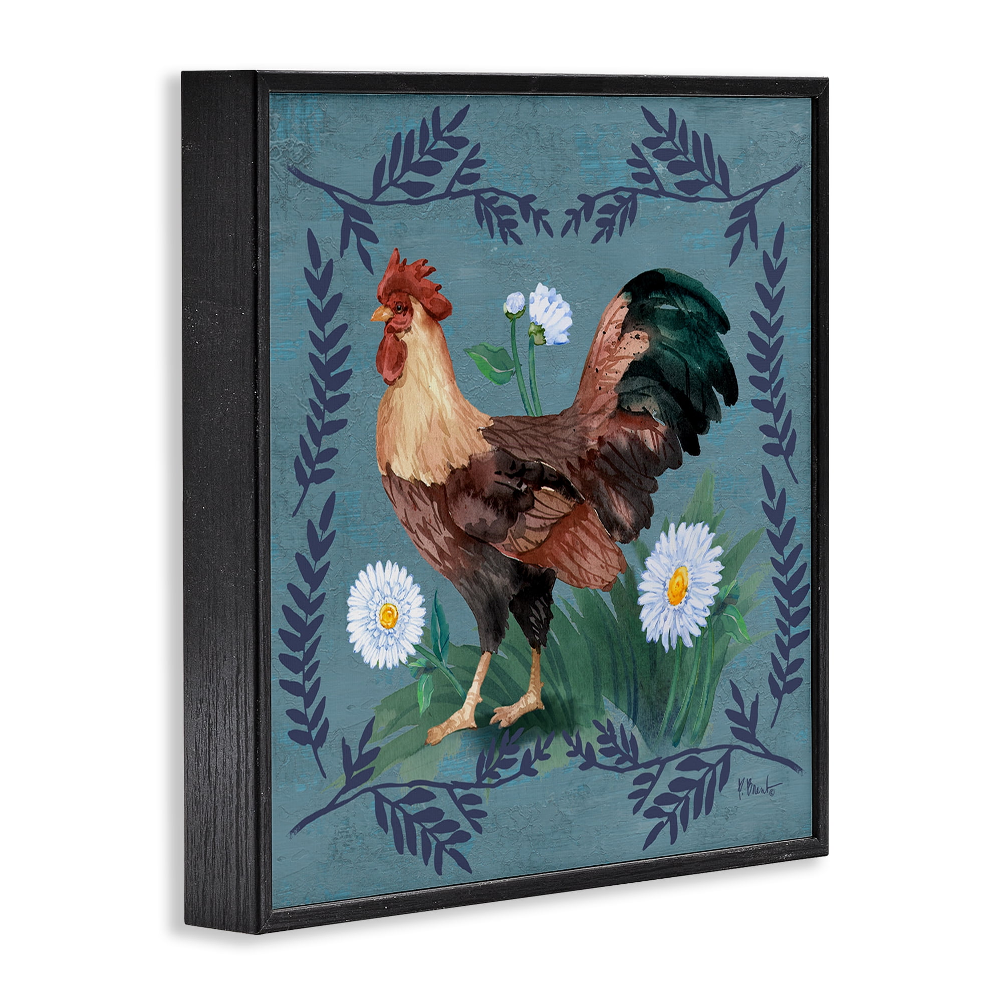 Stupell Industries Rooster & Fern Trim Animals & Insects Painting Black Framed Art Print Wall Art, 17 x 17