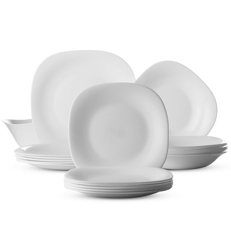 Premium PARMA 19 Piece Dinnerware set Serving for 6, Includes 6x7.¾" Dessert Plates 6x8.¾" Soup Bowls 6x10.¾" Dinner Plates and 1 Large Salad Bowl, Classic Modern Design, Fine Opal Glass, White
