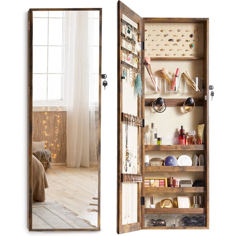 Wood Storage Cabinet Cosmetic Case Brown Display Shelf Cupboard