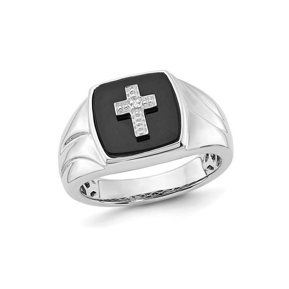 Gem & Harmony Mens Black Onyx Cross Ring in Sterling Silver with Accent Diamonds for Men
