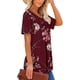 thumbnail image 2 of Camiseta floral con cuello en V y dobladillo con volantes para mujer, camisas cortas holgadas, blusa corta plisada, rojo vino M, 2 of 5