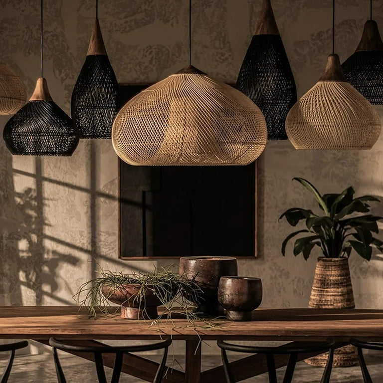 UEEYAC Wabi-sabi Retro Living Room Rattan Pendant Light Solid Wood