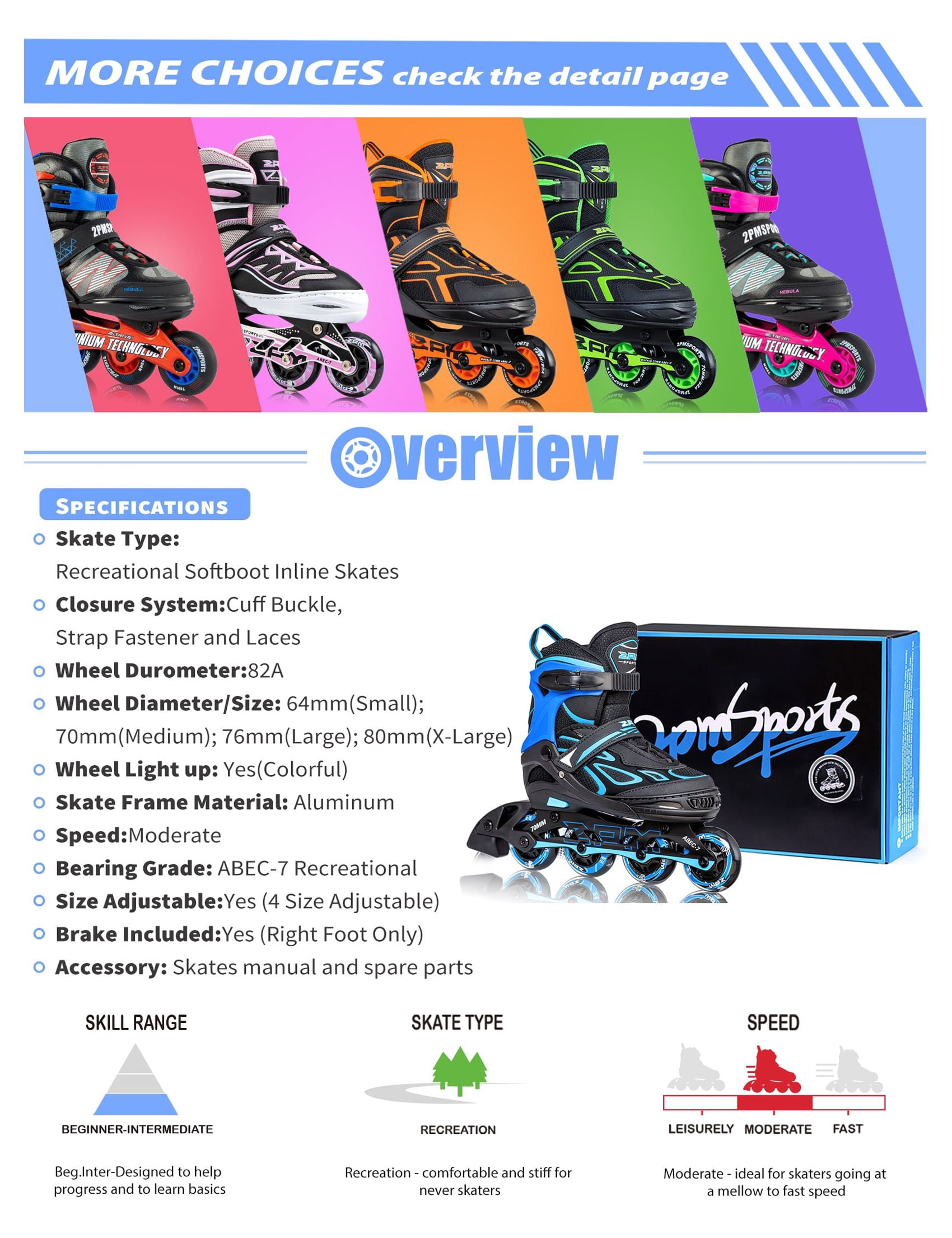 2PM SPORTS Vinal Girls Adjustable Inline Skates with Light up Wheels Beginner Skates Fun Illuminating Roller Skates for Kids Boys and Ladies - Blue X-Large(7M/8W-10M/11W US)