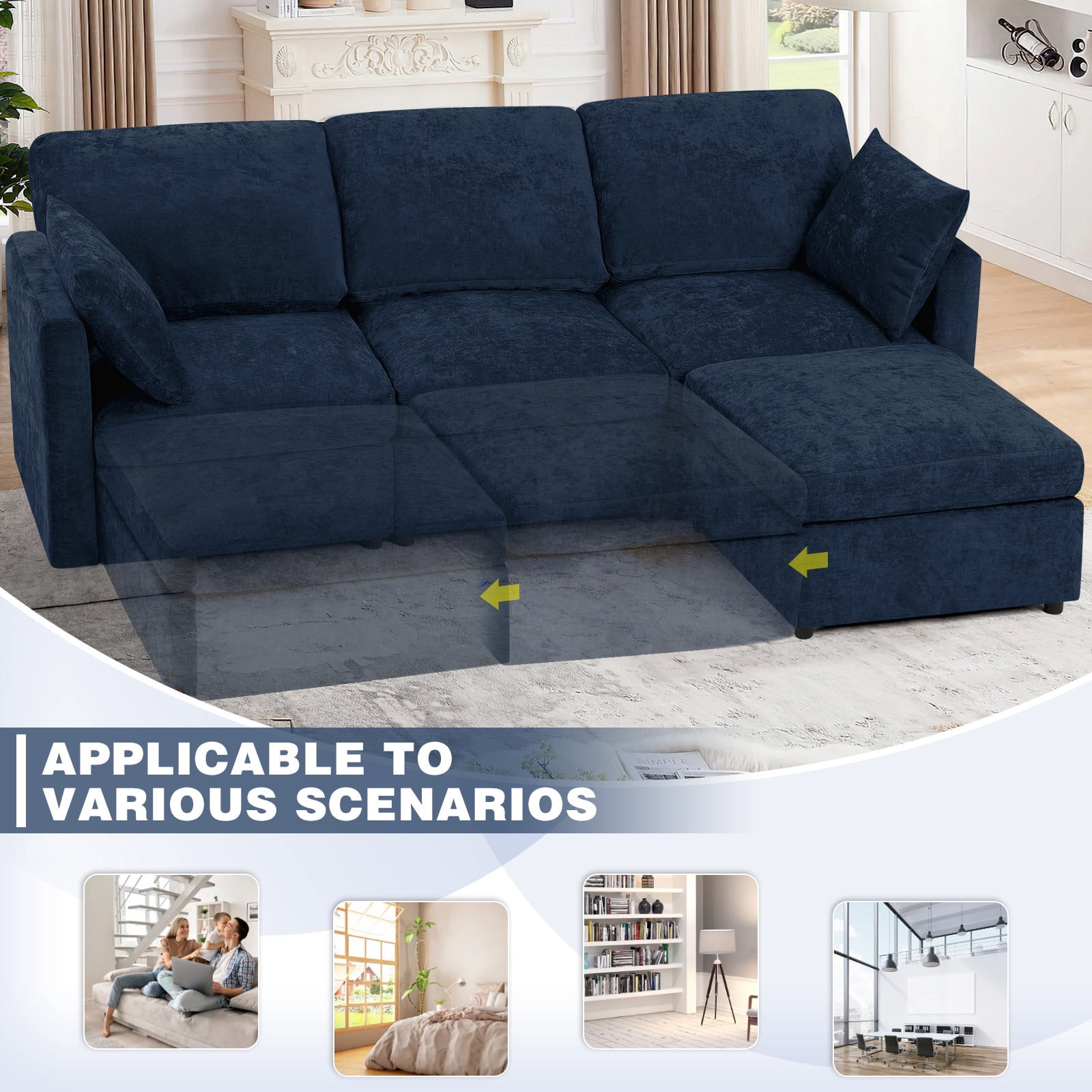 ACMEASE 84” Chenille 3 Seats Sofa W/Movable Ottoman, Modern Fabric L-Shaped Couch with Soft Backrest, Upholstered Sectional Sofa with Armrest Pillows for Living Room, Office, Blue