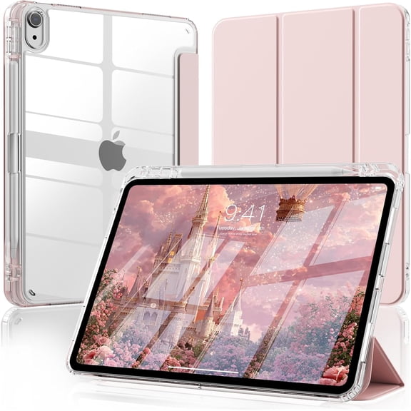 Clear Back Trifold Stand Cover for iPad Air 11" M2/M3/M4 & Air 4/5 10.9", Slim Smart Case with Apple Pencil Slot Auto Sleep Wake, Pink