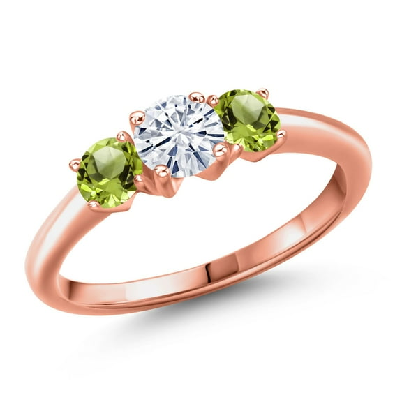 Gem Stone King 18K Rose Gold Plated Silver White Moissanite and Green Peridot Engagement Ring for Women | 1.10 Cttw | Round 5MM | Gemstone Birthstone | Size 5